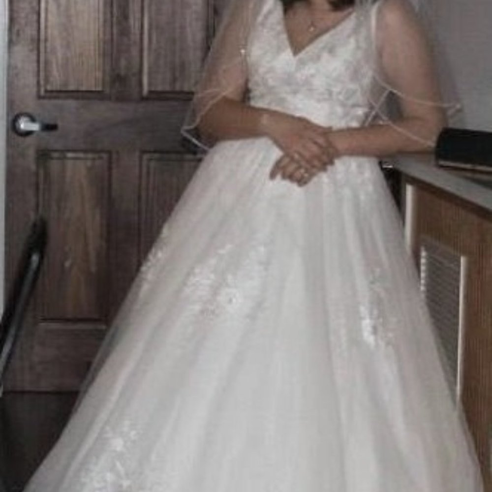 WEDDING DRESS, VIEL AND JEWELED BAND INCLUDED. - Picture 1 of 16